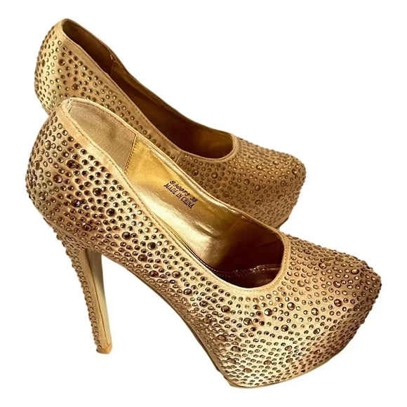 Sarah Chole Gold Stiletto Heels Glitter Shoes Sz  8 M 5 inch Platform - Picture 1 of 11